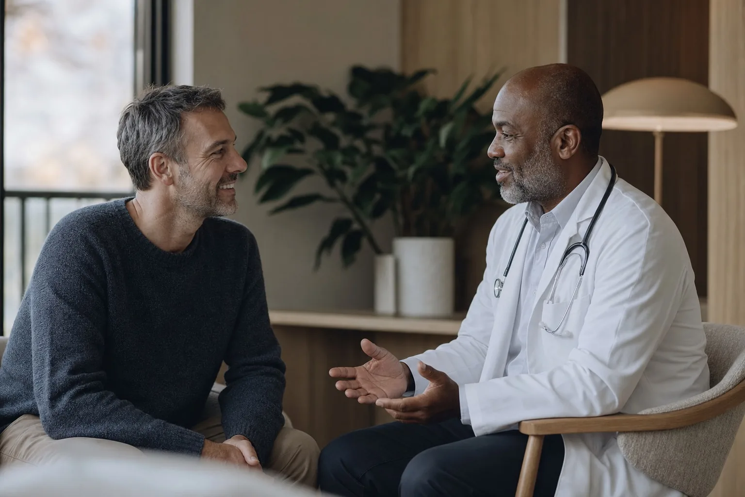 A patient and doctor talking in a modern consulting room
