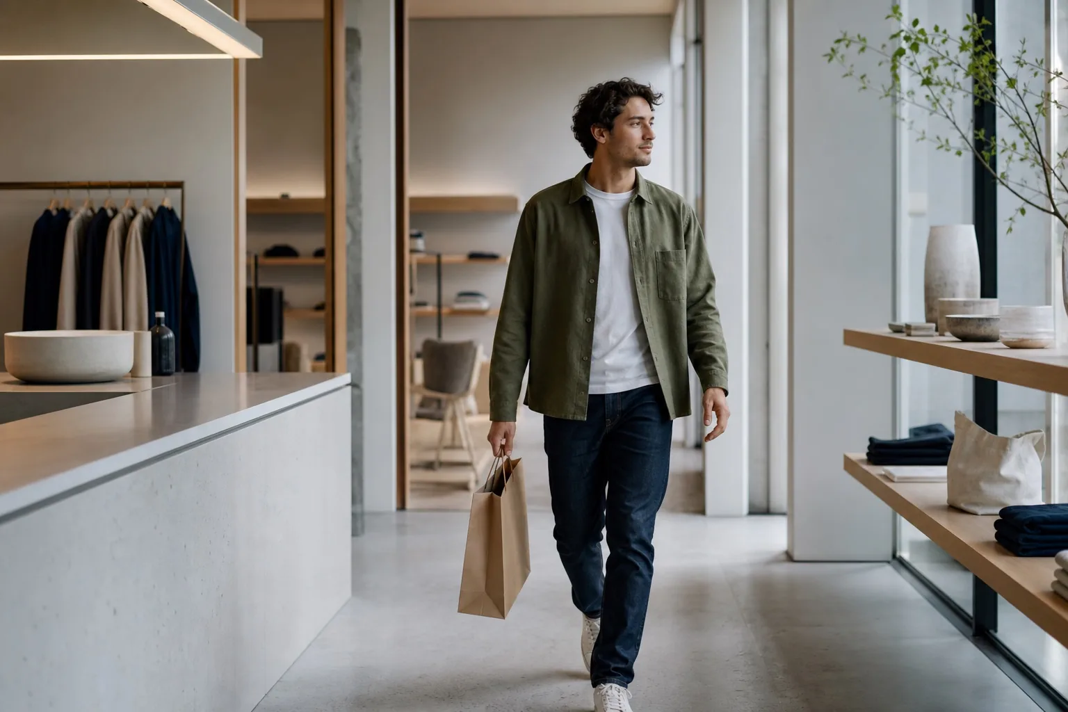 A shopper walking through a modern store without stopping