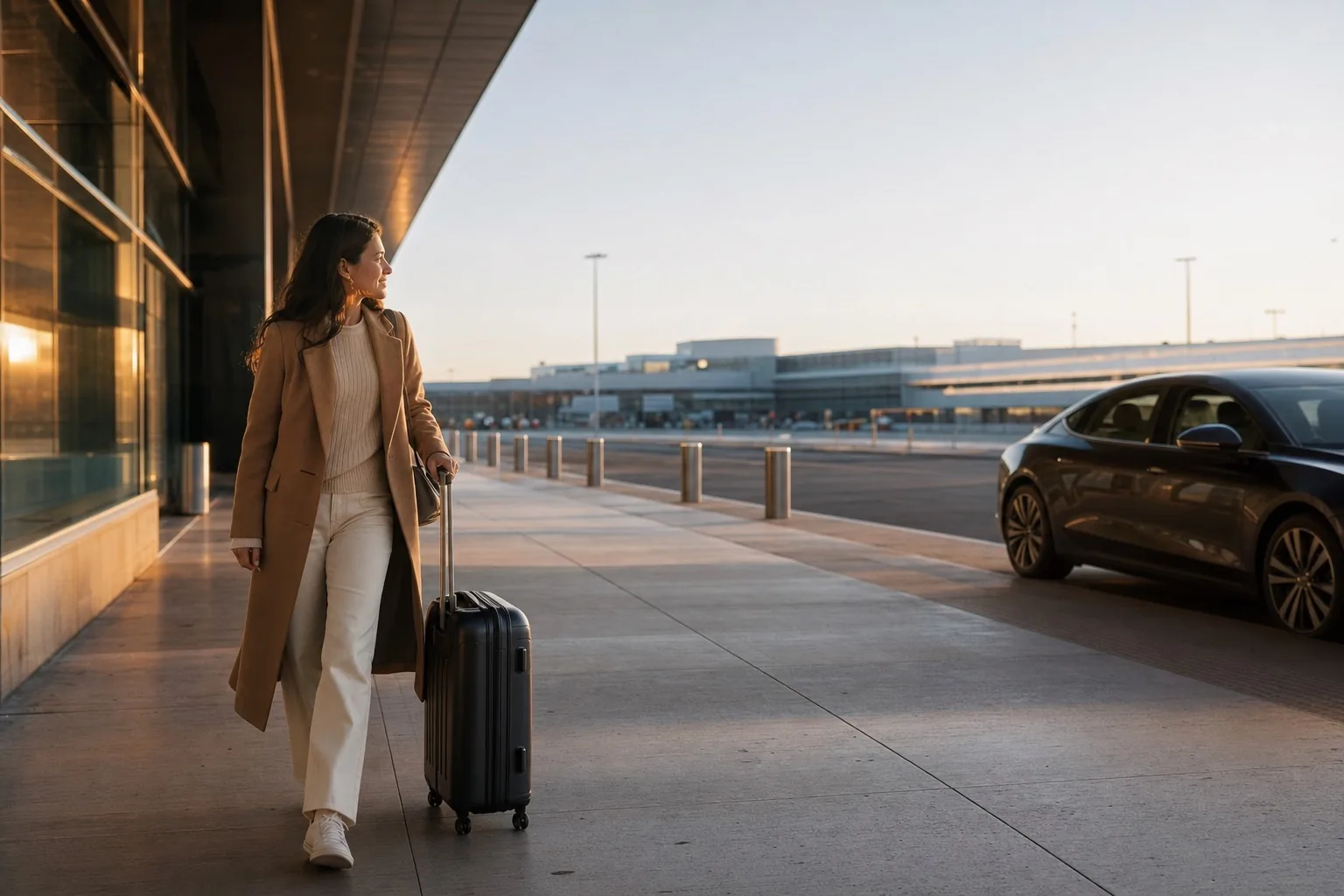 A woman walking through an airport exit toward a waiting car